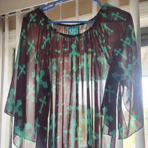 Dark Brown with Turquoise Crosses Top Bell Sleeves